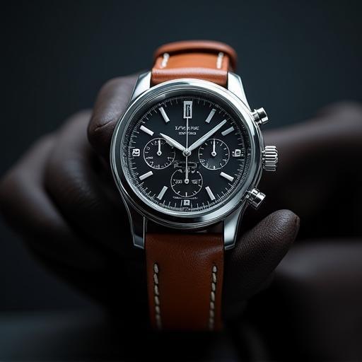 Stainless steel chronograph watch on leather strap