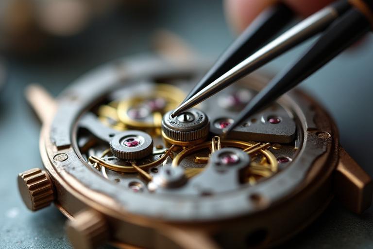 Macro shot of watch movement being adjusted with tweezers