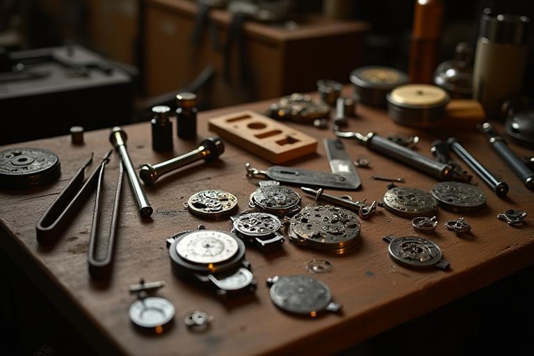 Watchmaker’s workbench with disassembled components